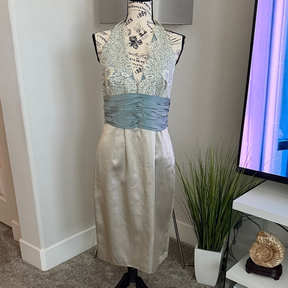 Laundry - Elegant Halter Neck Dress in Champagne/Taupe and Blue